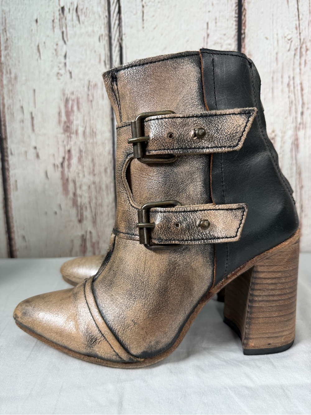 Freebird by Steven Joey Distressed Leather Buckle Block Heel Ankle Booties Boots - Picture 7 of 16